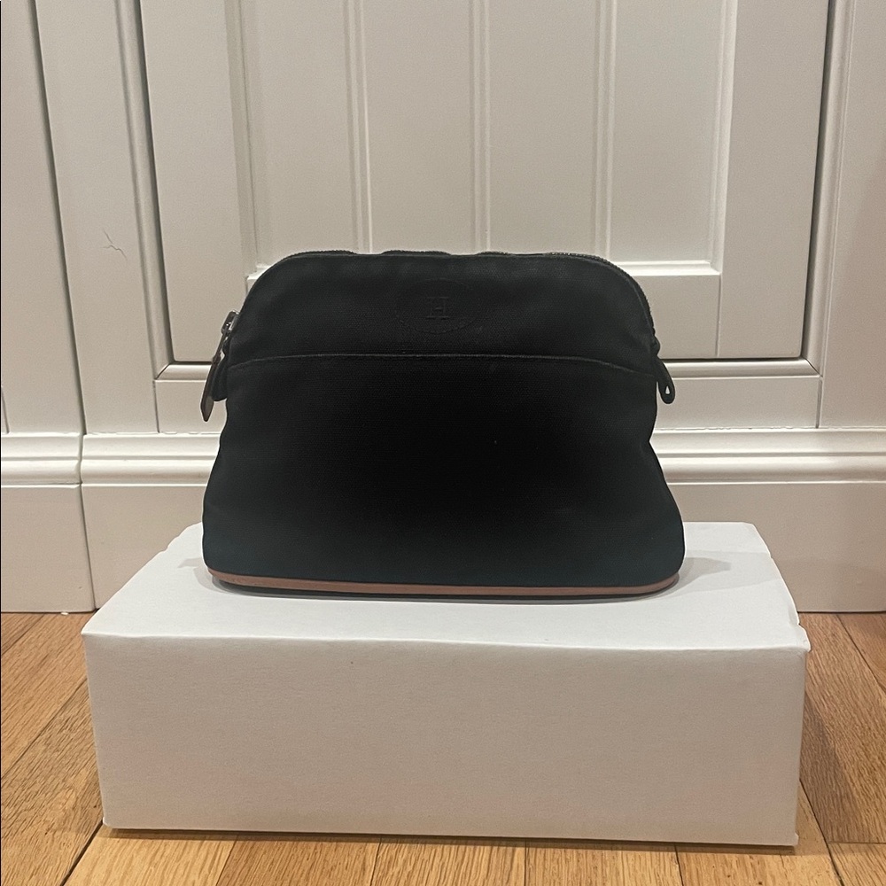 Black Hermes Canvas Pouch with Beige Leather Trim